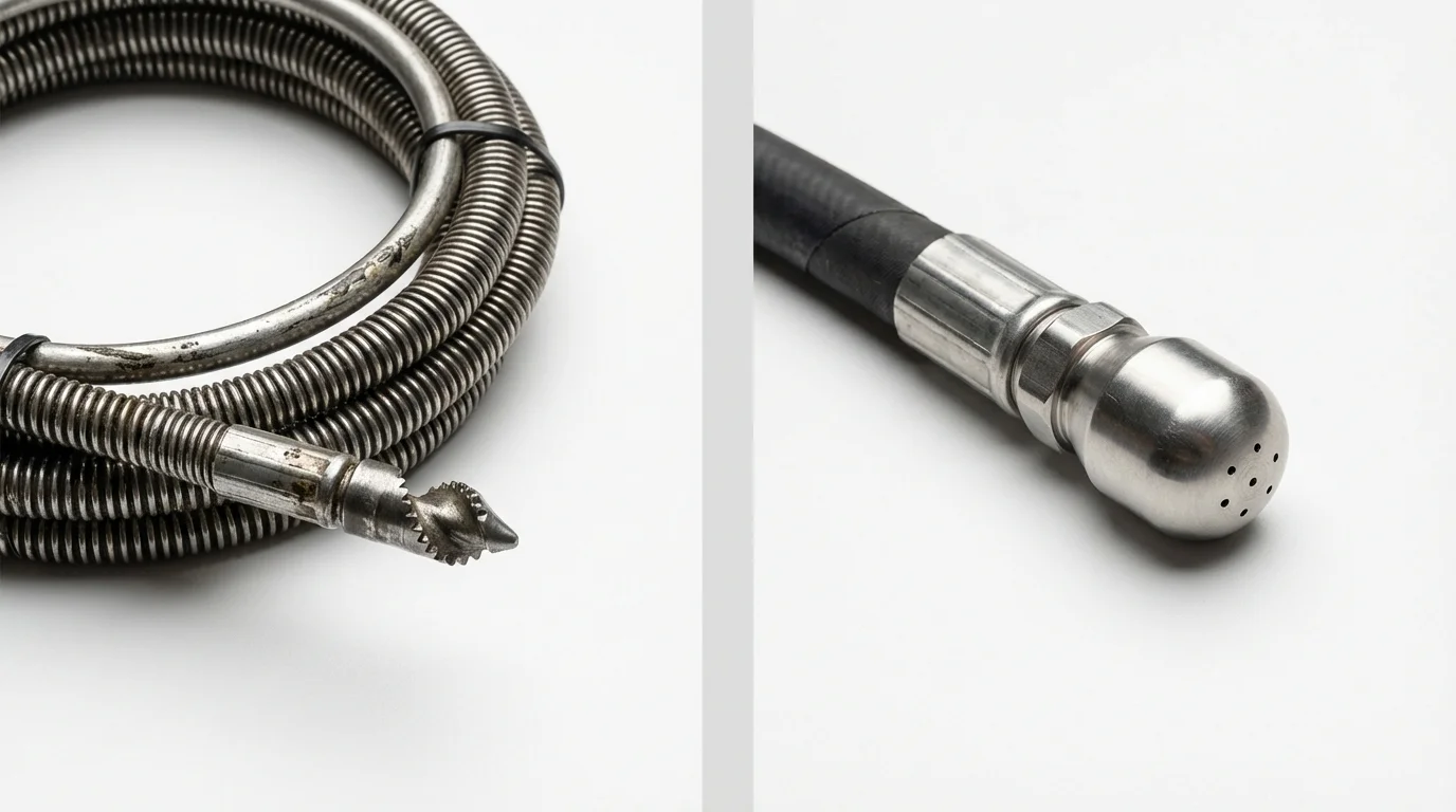 Drain snake cable and hydro jetting nozzle used for drain cleaning in Fresno, TX