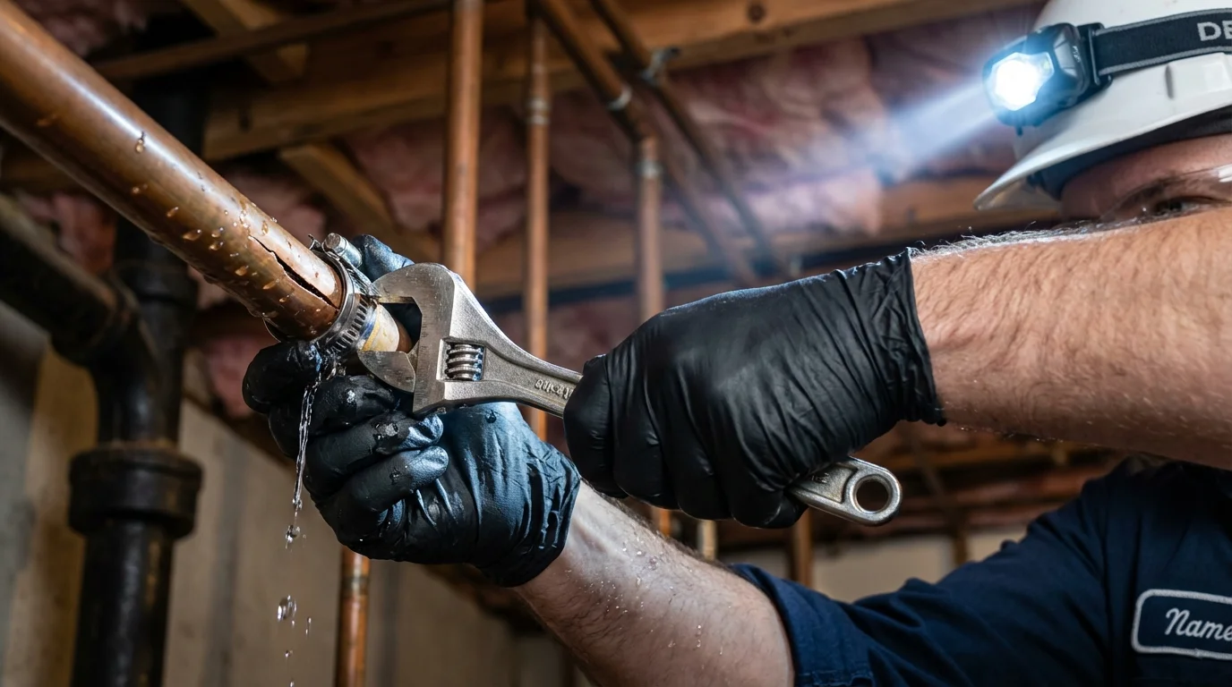 Emergency pipe clamp repair being performed by a Johns Plumbing LLC plumber in Fresno