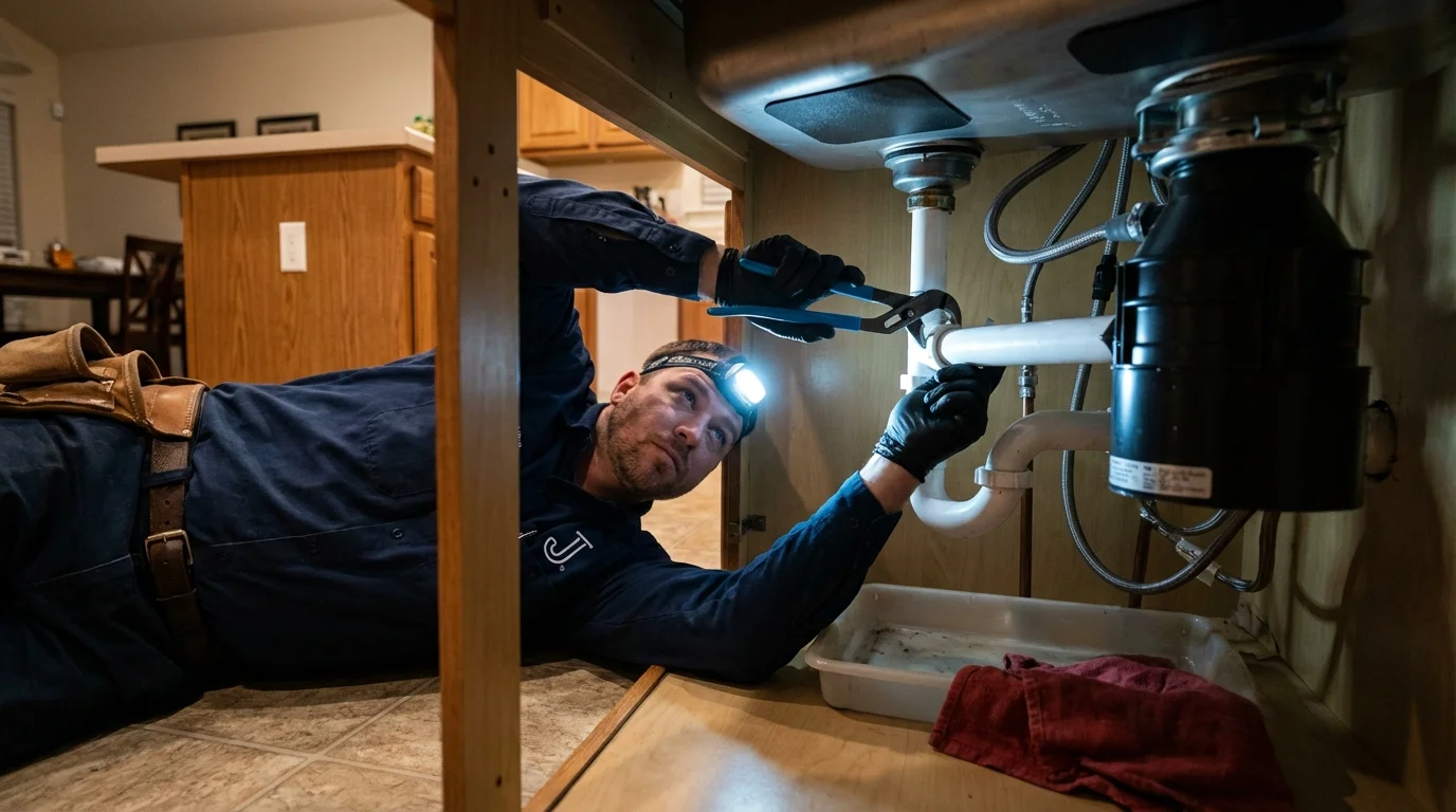 P-trap and supply line connections under a kitchen sink showing a common leak point in Fresno, TX